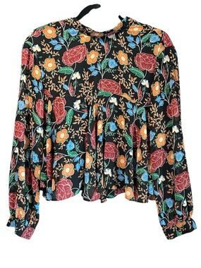 Zara Black Floral Long-Sleeve Cropped Peplum Blouse